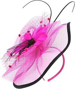 Mesh-Fascinators, Hut, Tea-Party-Kopfbedeckung, Bänder, Feathea-Stirnband und ein Rosen-Stirnband, graues Haar-Stirnband (Farbe: Weiß, Größe: Einheitsgröße) (Pink, Einheitsgröße) von QUNINE