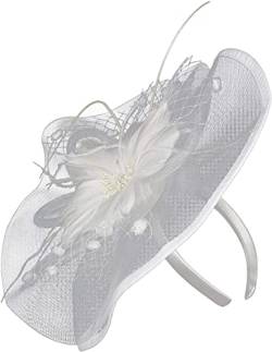 Mesh-Fascinators, Hut, Tea-Party-Kopfbedeckung, Bänder, Feathea-Stirnband und ein Rosen-Stirnband, graues Haar-Stirnband (Farbe: Weiß, Größe: Einheitsgröße) (weiß, Einheitsgröße) von QUNINE