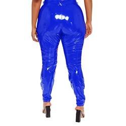 QUNINE Plus Size Damen-PVC-Latex-Leder-Bleistifthose, hohe Taille, figurbetonte Stretch-Hose, Damen-Knopf, schmale Leggings (blau 4XL) von QUNINE