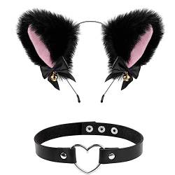 Katzenohr Stirnband Faux Ohren Haarband Haarreif mit Halsband Halskette Frauen Mädchen Haarschmuck Kostüm Party Alltag Dekoration Zubehör von QUUPY