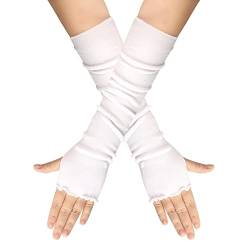 QUUPY 1 Paar klassische weiße Mode Lotusblatt Stil Stretch Fingerlose Handschuhe Ellenbogenlänge Daumenloch Armwärmer Winter Herbst Armstulpen für Frauen Mädchen von QUUPY