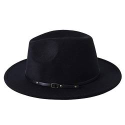 QUUPY Damen Herren Klassischer Jazzhut Vintage breite Krempe Fedora Hut mit Leder Gürtelschnalle Filz Panama Gatsby Hut Schwarz von QUUPY