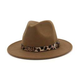 QUUPY Frauen Panama Hüte breite Krempe Filz Fedora Hüte mit Leopard Gürtelschnalle, khaki, 6 7/8/7 1/8 von QUUPY