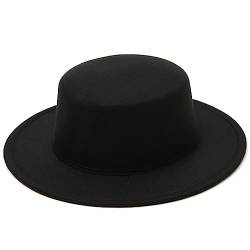 QUUPY Schwarzer Fedora-Hut aus Wollmischung mit Flacher Krempe Bowler-Kappe Panama-Stil Jazz-Hut für Hochzeit Talent Performance Unisex von QUUPY