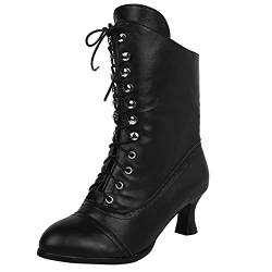 Damen Schnürstiefel, wadenlang, viktorianische Stiefel, Damen, Leder, Louis-Absatz, Vintage-Stiefel, Steampunk, Gothic, Schwarz , 37 EU von QWETYU