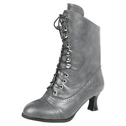 Damen Schnürstiefel, wadenlang, viktorianische Stiefel, Leder, Louis-Absatz, Vintage, Steampunk, Gothic, grau, 38 EU von QWETYU