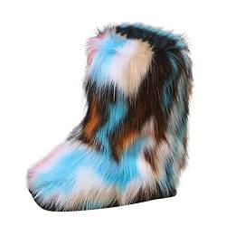 QWETYU Damen Flach Kunstfell Pelz Winter Stiefeletten Niedriger Absatz Flauschig Casual Gr, blau, 38 EU von QWETYU