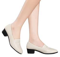 QWEZXCMI Womens Müßiggänger Chunky Ferse Leder Loafer Schuhe 2021 Sommer Herbst spitzer Zehe Slip auf bequemen Pumpen,Beige,38 von QWEZXCMI