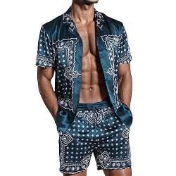 2-teilig Kurzarm mit Schnalle Shirt + Kurze Hose Sets T-Shirt und Shorts Set t Shirt Vatertag Men Summer Suit Leisure Orientation Printed Fashion Suit Button Beach Shirt Short Casual Loose von QWUVEDS