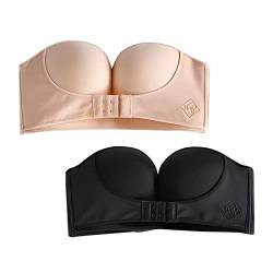 Damen 2PCS einfarbig trägerlos rutschfeste Anpassung randloser Kleider-BH schwarz + beige Mark T Shirt BH Verschluss Vorne Comfy Bra BH Vorderverschluss Sport BH Große Brüste von QWUVEDS