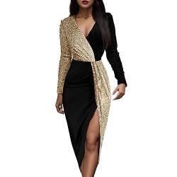 Damen-Kleid in Zwei Farben, Schwarz und Gold, nationaler Stil, hohe Taille, einfarbig, mittellanger Rock, langärmelige Taille Kleid Kariert Damen (Gold, XL) von QWUVEDS