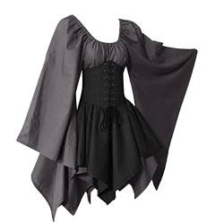 Frauen-Mode Black in Love Ruffle-Ärmeln ab der Schulter Gothic-Midi-Kleidung Kleider Für Damen Damen Halloween Rock Halloween Kostüm Damen Kleid (0928A-Grey, S) von QWUVEDS