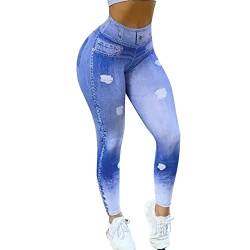 Gefälschte Jeans mit Denim-Print für Damen sehen aus wie Leggings, sexy, dehnbar, hohe Taille, schmale, dünne Jeggings Jeggings Damen High Waist Jeansoptik Damen Langgrößen Yoga Hosen Damen High von QWUVEDS