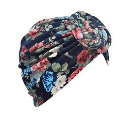 -Hut-Kappe ethnische böhmische Blumen-Haar-Abdeckungs-Verpackungs-Turban-Kopfbedeckung-Turban-Kappe Stirnbänder Strick (Dark Blue, One Size) von QWUVEDS