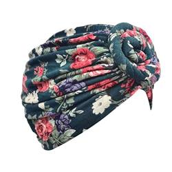 -Hut-Kappe ethnische böhmische Blumen-Haar-Abdeckungs-Verpackungs-Turban-Kopfbedeckung-Turban-Kappe Stirnbänder Strick (Navy, One Size) von QWUVEDS