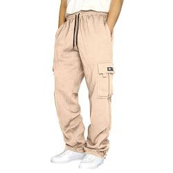 Männliche Fitness-Laufhose mit Kordelzug, lockerer Taille, einfarbiger Tasche, lockerer Fleece-Jogginghose Schwarze Hose Mit Taschen Freizeithose Herren Lang Breite Jogginghose Herren (1009A-Beige, L) von QWUVEDS