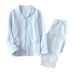 Pyjama-Set für Damen, Bequeme Langarm-Nachtwäsche, Knopf-Nachtwäsche, elastische Hose mit hoher Taille, Pyjama-Sets Flanell Pyjama Hose Damen Damen Nachthemd Langarm (Blue, L) von QWUVEDS