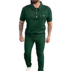 QWUVEDS 2-teiliges, einfarbiges, langärmliges Hemd- und Hosen-Set mit Umlegekragen für Herren im Herbst Kinder Jogginganzug Jungen (Green, M) von QWUVEDS