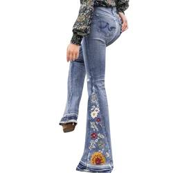 QWUVEDS Bootcut-Denim-Bell-Jeans mit Blumenstickerei für Damen Schwarze Hosen Teenager Mädchen Bootcut Hose Damen Schlaghose Damen Jeans Bootcut Hose Damen Elegant von QWUVEDS