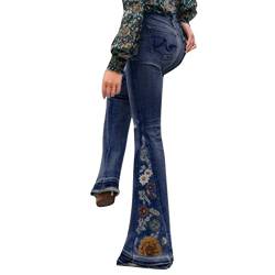 QWUVEDS Bootcut-Denim-Bell-Jeans mit Blumenstickerei für Damen Schwarze Hosen Teenager Mädchen Bootcut Hose Damen Schlaghose Damen Jeans Bootcut Hose Damen Elegant von QWUVEDS