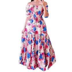 QWUVEDS Business Kleid Damen Schulterfreies Maxikleid für Sommerfrauen mit kurzen Ärmeln, hoher Taille, plissierten Langen Kleidern Sommerkleid von QWUVEDS