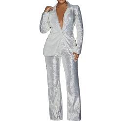 QWUVEDS Damen-Anzug-Set mit Pailletten, 2-teiliges Hosen-Set, Reverskragen, schmale Passform, formelle Anzüge für Damen, Anzug, Pailletten-Sets Velours Jogginganzug Damen (White, XXL) von QWUVEDS