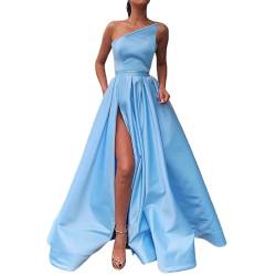 QWUVEDS Damen-Hochzeitskleid, langes Abendkleid, formelles Cocktailkleid, Satin, Brautjungfernkleider mit Schlitz Hellblaues Kleid (24-0202A-Blue, M) von QWUVEDS