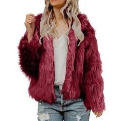 QWUVEDS Damen-Kunstmantel, vorne offen, langärmelig, mit Kapuze, pelzige Jacke, warme Oberbekleidung, zottelige Jacken Hellbrauner Mantel Damen (Red, M) von QWUVEDS