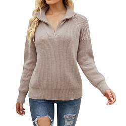 QWUVEDS Damen-Langarm-Pullover mit halbem Reißverschluss, gestreift, Farbblock-Reverskragen, Strickpullover Glitzer Cardigan Damen von QWUVEDS