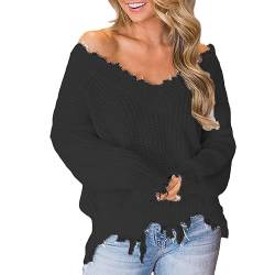 QWUVEDS Damen-Pullover, schulterfrei, locker, tiefer V-Ausschnitt, unregelmäßige Fransen Strickjacke Damen Wolle Sexy Pullover Damen Schulterfrei Pullover Damen Elegant Sexy Elegantes (Black, XL) von QWUVEDS