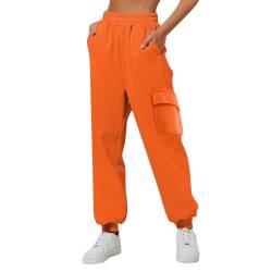 QWUVEDS Damen Sporthose Jogginghose Laufhosen Gummibund Sweathose mit Taschen Stoffhose Lange Yoga Hosen Sweathose mit Taschen High Waist Bequeme Lockere Freizeithose Fitness Loungewear S,B3-Orange von QWUVEDS