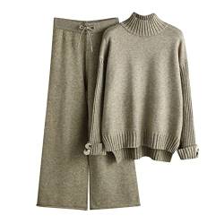 QWUVEDS Damen Strickset Herbst und Winter Strickanzug Stehkragen Pullover Lange Hosen Lose Zweiteiler Sportshirt Damen (Khaki, One Size) von QWUVEDS