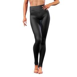 QWUVEDS Frauen Clubwear Sexy Glänzende Leggings Körper Enge Hosen Hosen Faux Damen Hosen PU 7 8 Laufhose Damen 3/4 Jeggings Damen Stretch Gamaschen Damen Elegant Blickdichte Strumpfhose Hautfarben von QWUVEDS