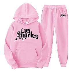 QWUVEDS Männer und Frauen Herbst und Winter Mode lässig Brief gedruckt Pullover Hosen Sportanzug Fußball Jogginganzug Herren Baumwolle Traningsanzuganzug Sweatshirt Herren Mit Kapuze (Pink, L) von QWUVEDS