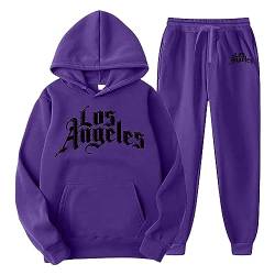 QWUVEDS Männer und Frauen Herbst und Winter Mode lässig Brief gedruckt Pullover Hosen Sportanzug Fußball Jogginganzug Herren Baumwolle Traningsanzuganzug Sweatshirt Herren Mit Kapuze (Purple, L) von QWUVEDS