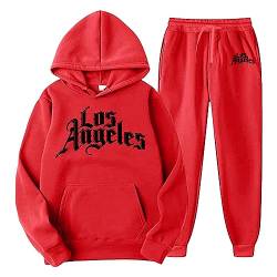 QWUVEDS Männer und Frauen Herbst und Winter Mode lässig Brief gedruckt Pullover Hosen Sportanzug Fußball Jogginganzug Herren Baumwolle Traningsanzuganzug Sweatshirt Herren Mit Kapuze (Red, XXXL) von QWUVEDS