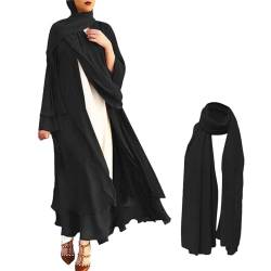 QWUVEDS Muslimischer Caedigan-Gürtel-Outwear-Hemd für Damen, weicher und eleganter, einfarbiger Chiffon-Strickjacke mit lockerer Langer Strickjacke Strickjacken Große Größen 54 (Black, XXL) von QWUVEDS