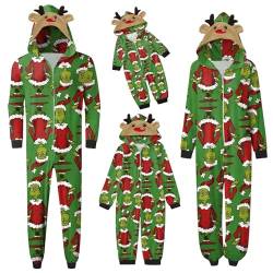 QWUVEDS Schlafanzug Weihnachten Grinch Pyjama Einteiler Pyjamas Sets für Familie, Niedlicher Weihnachts Einteiler Schlafanzüge mit Kapuze, Hausanzug Nachtwäsche für Damen Herren Kinder Baby 054 von QWUVEDS