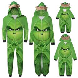 QWUVEDS Schlafanzug Weihnachten Grinch Pyjama Einteiler Pyjamas Sets für Familie, Niedlicher Weihnachts Einteiler Schlafanzüge mit Kapuze, Hausanzug Nachtwäsche für Damen Herren Kinder Baby 335 von QWUVEDS