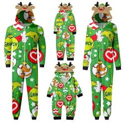 QWUVEDS Schlafanzug Weihnachten Grinch Pyjama Einteiler Pyjamas Sets für Familie, Niedlicher Weihnachts Einteiler Schlafanzüge mit Kapuze, Hausanzug Nachtwäsche für Damen Herren Kinder Baby 741 von QWUVEDS