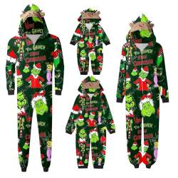 QWUVEDS Schlafanzug Weihnachten Grinch Pyjama Einteiler Pyjamas Sets für Familie, Niedlicher Weihnachts Einteiler Schlafanzüge mit Kapuze, Hausanzug Nachtwäsche für Damen Herren Kinder Baby 824 von QWUVEDS