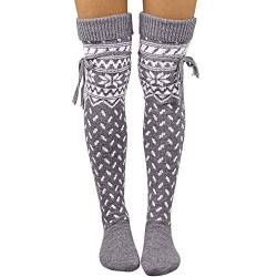 QWUVEDS Weihnachten Frauen über Strümpfe gestrickte Weihnachtssocken lange Oberschenkel warme Knie-High Socken Magnetfeldtherapie Socken (Grey, One Size) von QWUVEDS