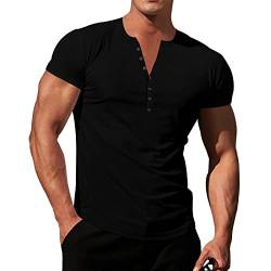 T Shirt Mit Knopfleiste Herren Kurzarm Sommer Herren Slub Baumwolle T-Shirt Herren Casual Fashion Kragen Herren Kurzarm T-Shirt Jade Herren leichte Henley-Oberteile für Fitnessstudio, Laufen Schwarze von QWUVEDS