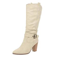 high Heels Beige high Heels sexy high Heels plateauhigh Damen-Lederkreuzriemen mit kniehoher Schnalle, Cowboy-Slip-On-Stiefel mit niedrigem Absatz Schnürsenkel Schwarz von QWUVEDS