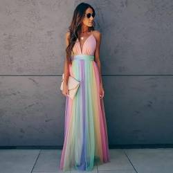 QYLYC Frauen Langes Kleid Sommerkleidung Hohe Taille Sling Tiefer V-Ausschnitt Regenbogen Mesh Party Strandkleider Frauen Streetwear S Kleid Frauen von QYLYC