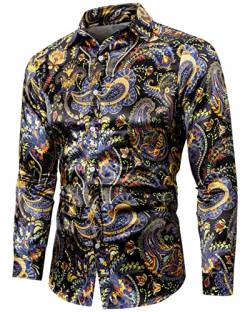 QZH.DUAO Herren 70er Jahre Disco Leinen Shirts Casual Paisley Tops Floral Vintage Langarm Hemd & Kurzarm Shirt, Sc 101 Seide, 3X-Groß von QZH.DUAO