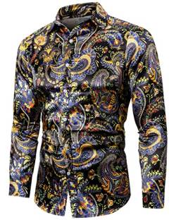 QZH.DUAO Herren 70er Jahre Disco Leinen Shirts Casual Paisley Tops Floral Vintage Langarm Hemd & Kurzarm Shirt, Sc 101 Seide, XX-Large von QZH.DUAO