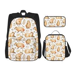 QZLAN Capybara-Rucksack mit Blatt-Motiv, mit Lunch-Tasche, für Schule und Jungen und Mädchen, 3 Stück von QZLAN