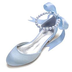 QZPM Damen Ballerinas Geschlossene Zehen Perlen Blumenband Niedriger Absatz Partei Abendschuhe,Sky Blue,40 EU von QZPM