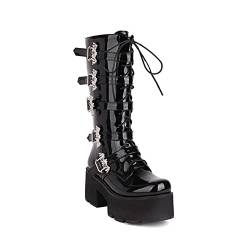 QZPM Damen Plateau Boots Gothic Hoch Blockabsatz Stiefeletten Runde Zehen Plateau Biker Stiefel,Black1,41 EU von QZPM